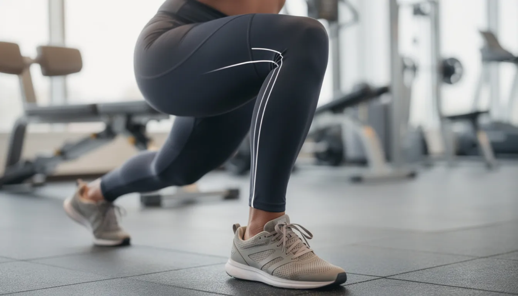 The image shows a close-up of a person's knee during a lunge exercise, highlighting the proper alignment essential for maintaining knee health and preventing injuries. The focus on the knee joint emphasizes the importance of correct form to avoid knee pain and manage discomfort during strength training activities.