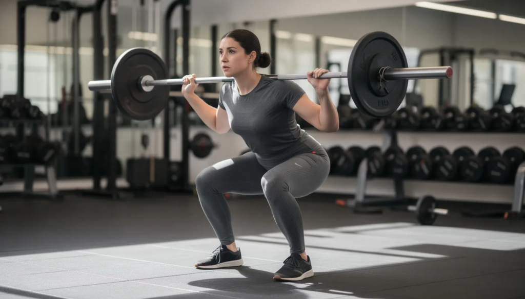 A person is performing a barbell squat with controlled form in a well-lit gym, emphasizing proper technique to avoid knee pain and reduce the risk of injuries. The individual is focused on maintaining balance and strength in their lower body, showcasing the importance of strength training for knee health.