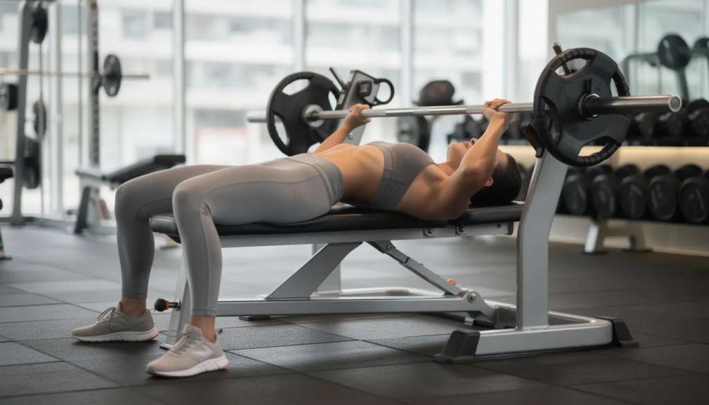 A person is lying on a weight bench, maintaining a proper neutral head position while preparing for a bench press exercise. This position helps prevent neck pain and ensures the alignment of the cervical spine, reducing the risk of neck strain and discomfort during lifting.