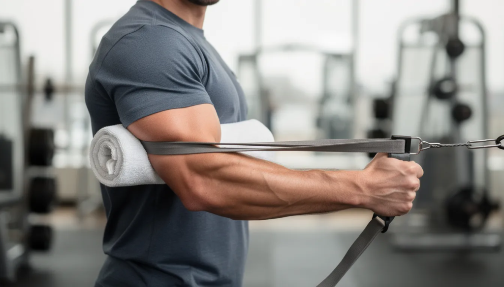 A person is performing a band external rotation exercise, focusing on strengthening their rotator cuff to improve shoulder and muscle health. This exercise is essential for maintaining proper form and preventing neck pain, as it engages the shoulder muscles and promotes better mobility in the cervical spine.