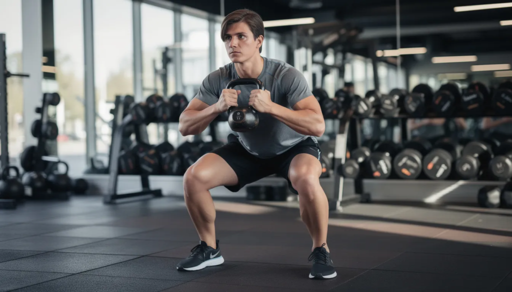 A person is performing a goblet squat in a gym, demonstrating good form with a neutral spine and knees aligned over their toes. This exercise targets the thighs, glutes, and quads, helping to build strength while potentially leading to sore thighs and muscle pain if not done correctly.