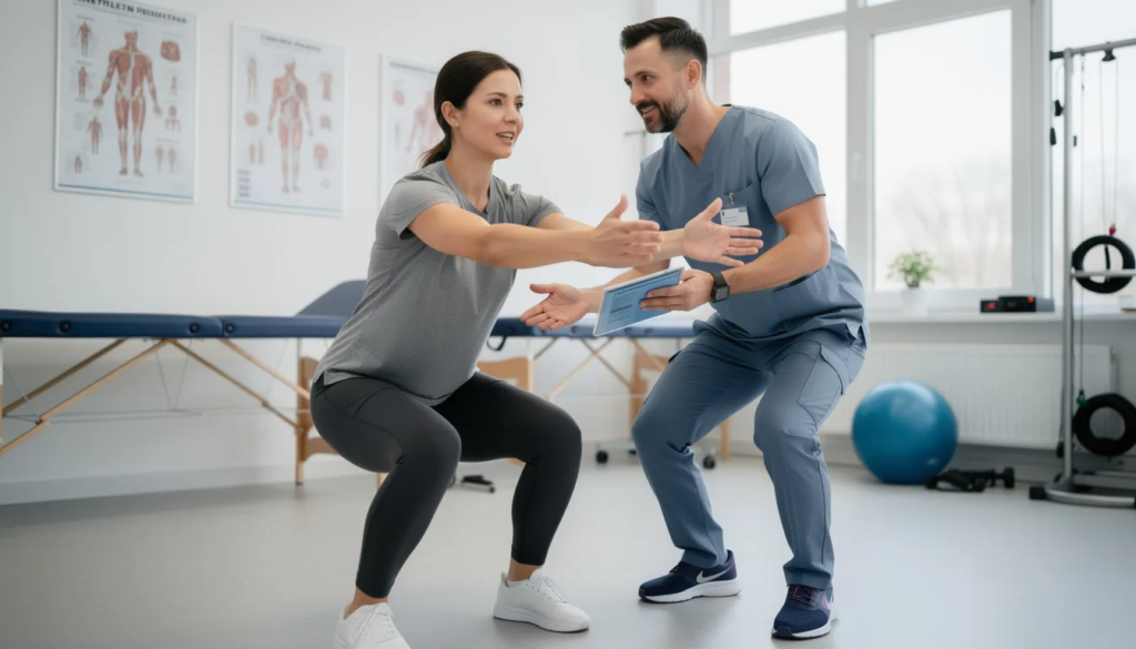 A physical therapist is assisting a patient with a squat assessment in a clinic, focusing on proper form to prevent issues like knee pain and sore thighs. The therapist is observing the patient's knees and hips to ensure they maintain good squat technique while minimizing discomfort and potential injury.