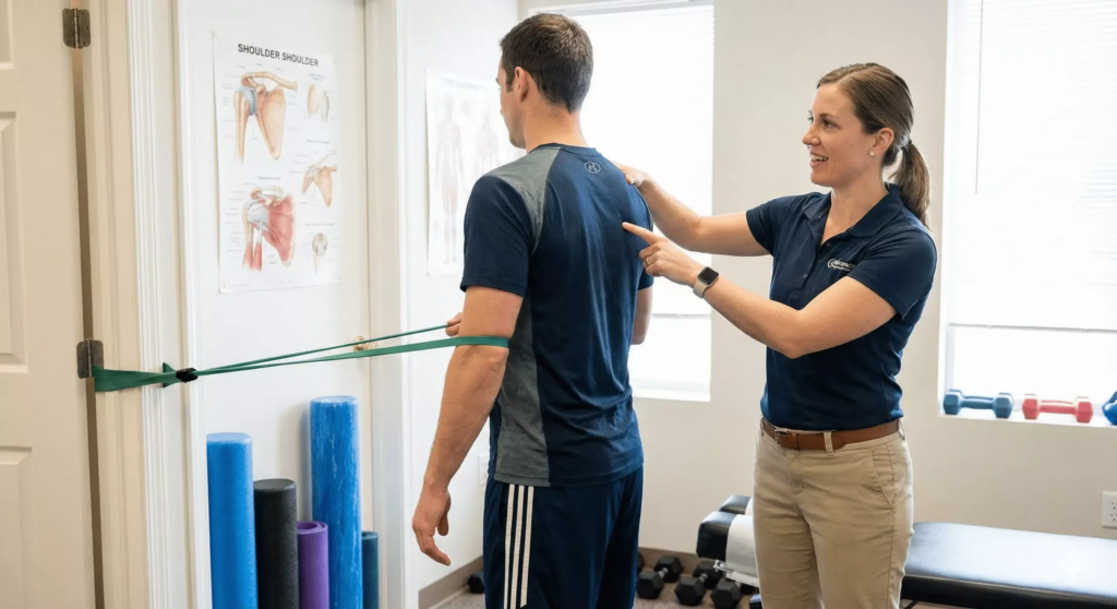 Physical therapist coaching band external rotation exercise for infraspinatus muscle pain and rotator cuff rehab.