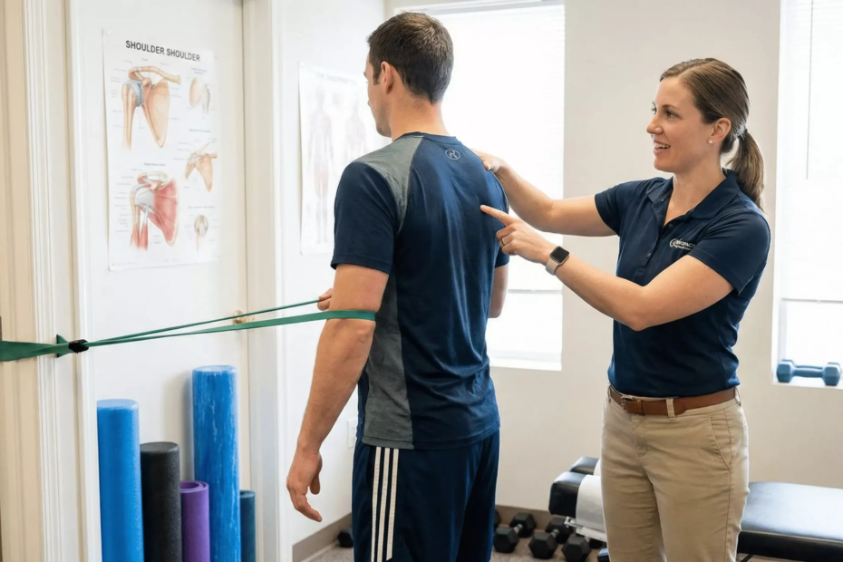Physical therapist coaching band external rotation exercise for infraspinatus muscle pain and rotator cuff rehab.