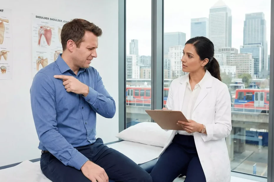 Specialist for shoulder pain consulting with a patient during a shoulder evaluation
